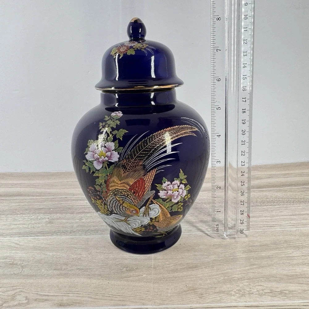 Vintage Japan Cobalt Blue‎ Gold Pheasant Floral Lidded Ginger Jar Urn